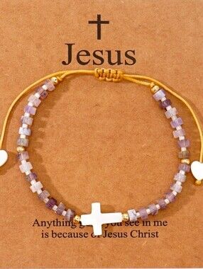 Handmade Faith Cross Adjustable Beaded Bracelet in Purple White and Gold Accents